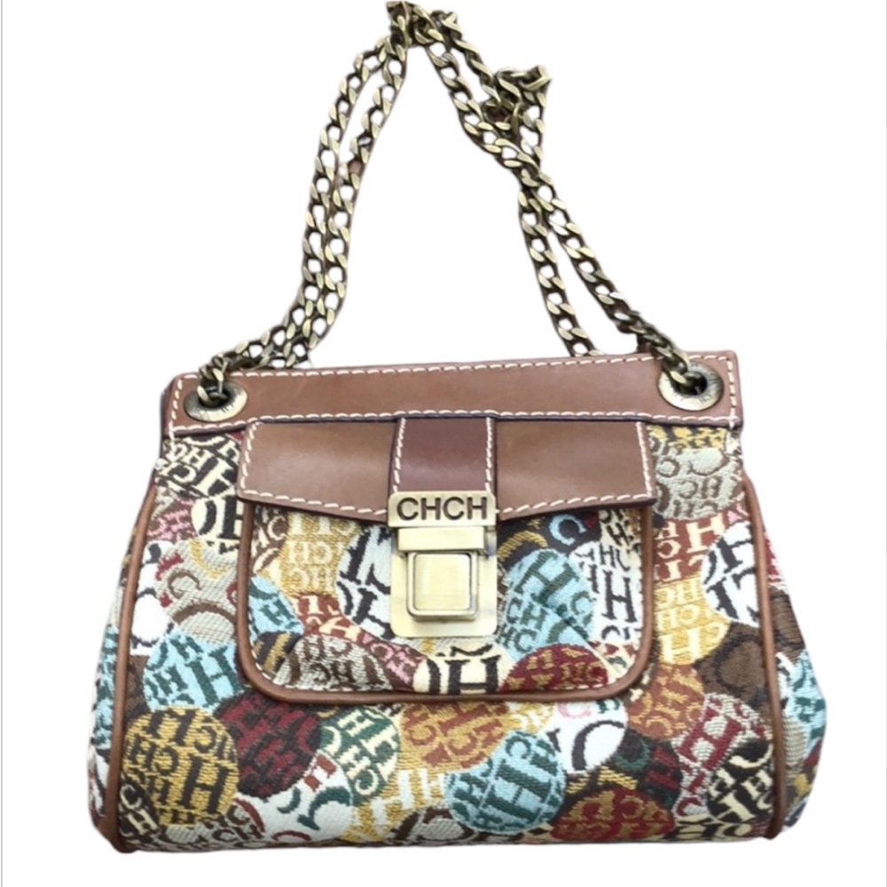 CAROLINA HERRERA Logo brown leather and multicolored fabric in box
